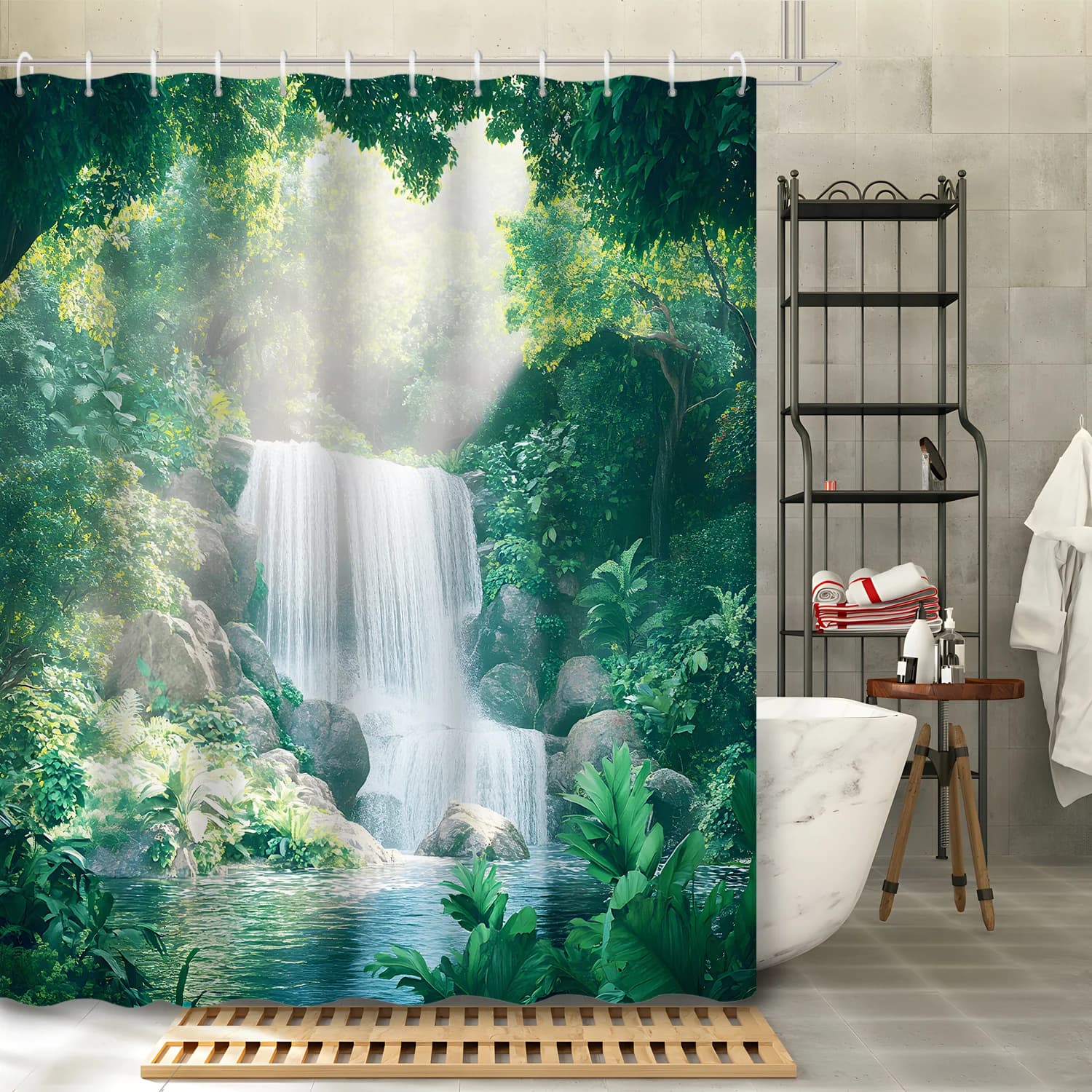 1pc verde originale foresta valle naturali cascata paesaggio verde giungla foglie albero tenda da doccia divisoria, 12 ganci