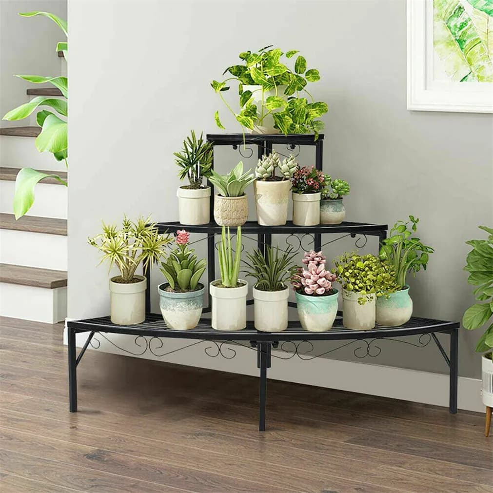 qp-Outdoor Indoor Pot Plant Stand Garden Metal 3 Tier Quarter Round Planter Corner Shelf Display Holder-