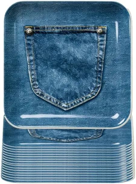 30Pcs Blue Jean Paper Plates Denim Pocket Shape Square Plate 9 Inch Western Theme Disposable Tableware for Cowboy Birthday Baby