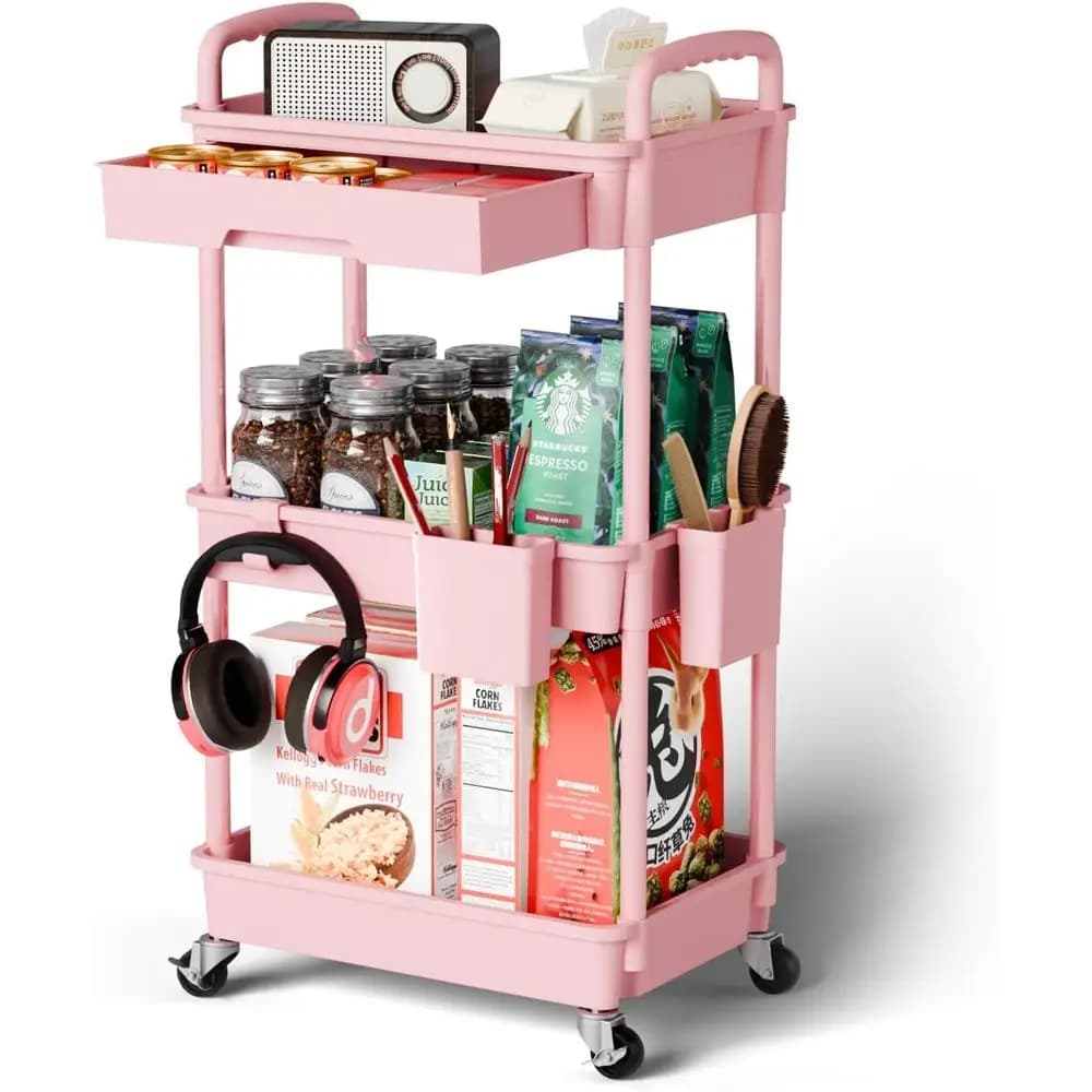 3 Tier Rolling Cart Organizer, Laundry Room Bathroom Storage Office Shelves Mobile Shelving Unit Kitchen Trolley Cart with Wheel