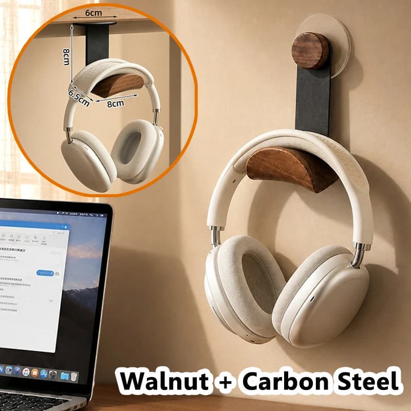 Solid Wood Wall Mounted Headphones Hanger Walnut+Carbon Steel Under Desk Gaming Headset Holder Bracket No Drilling Required