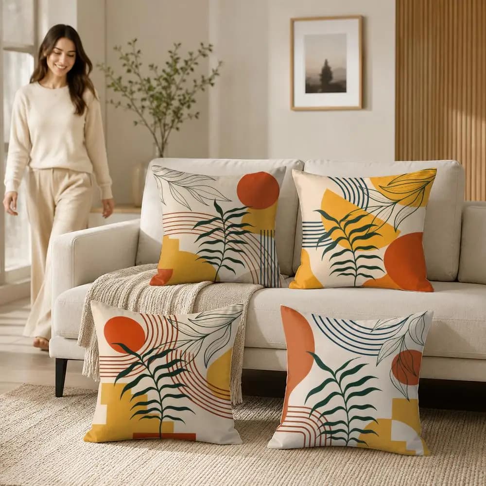 Bohemian Style Plant Cushion Cover Soft Short Plush Pillow Case Double Sided Print Washable Sofa Home Decor Gift