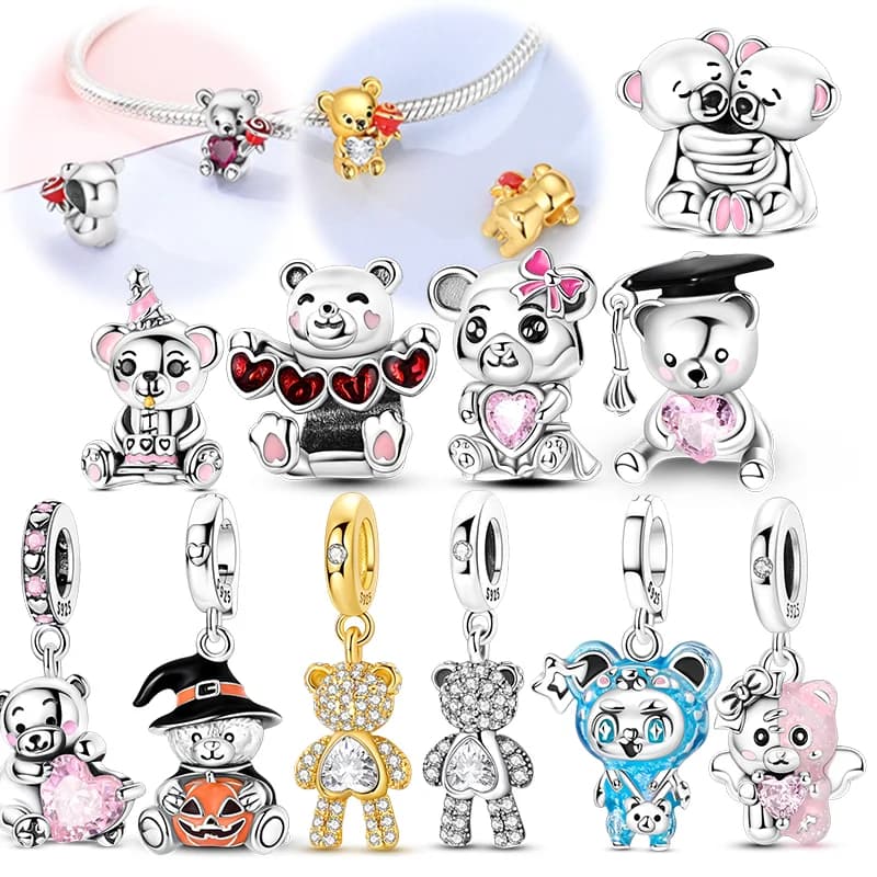 Birthday Love Bear Silver Charms Beads Fit Original Bracelet Bag Keychain Earring Charm Bead Pendant Diy Women Jewelry Gift
