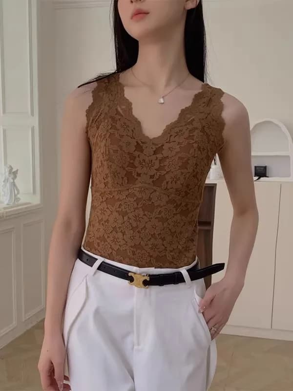 Canotta Frida con scollo a V e pizzo floreale, senza maniche, da donna, intimo caldo felpato con imbottitura sul petto, top base