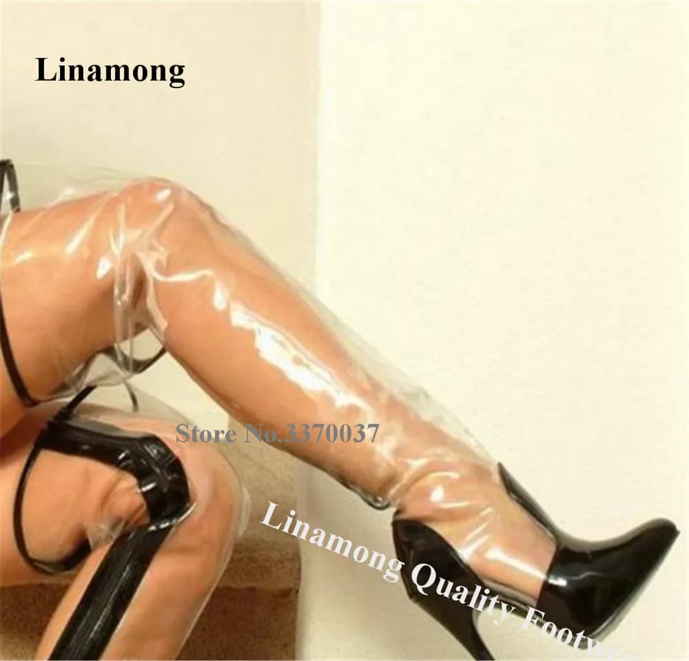 Linamong Stivali al ginocchio sexy con punta a punta in PVC trasparente, tacco a stiletto, stile gladiatore, bianchi e neri, trasparenti, lunghi, con tacco alto
