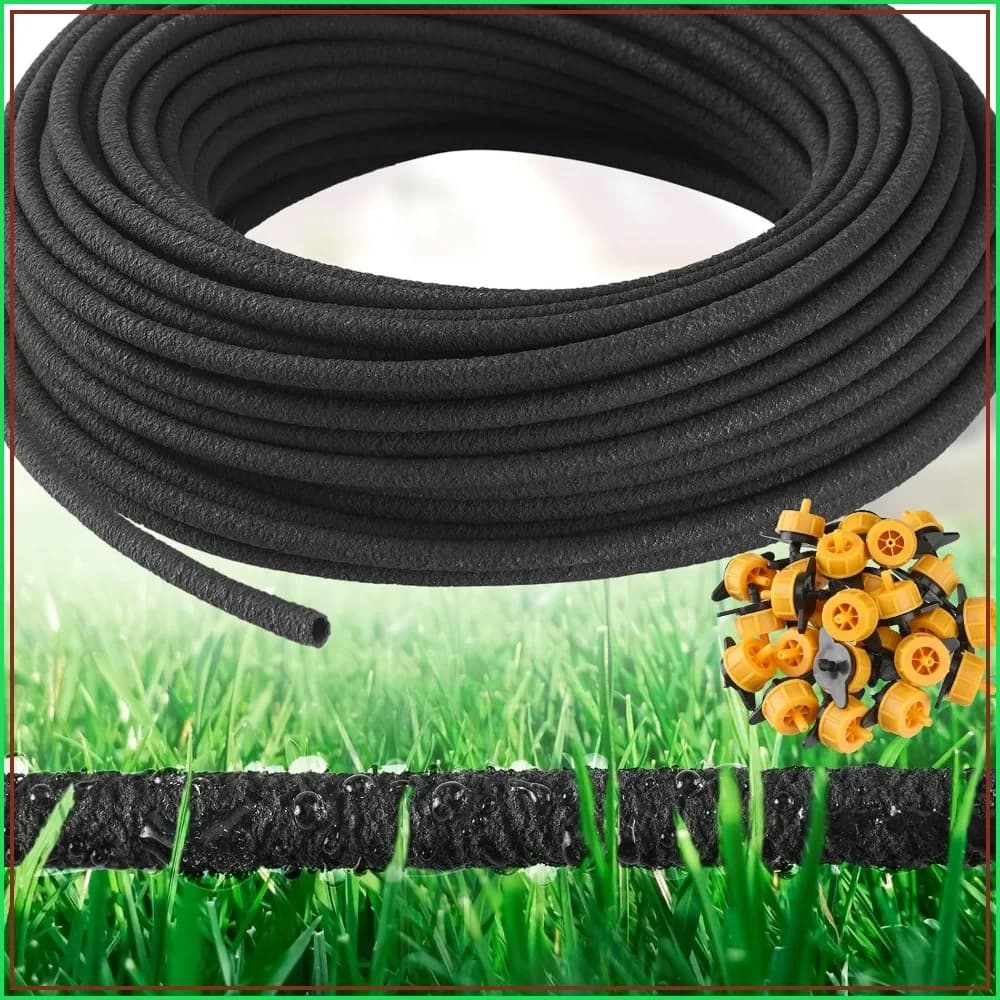100 ft 1/4 in Soaker Hose Tubing for Drip Irrigation with 2gph Emitters, Porous Drip Line for Watering Vegetable Garden Raised Beds, Planters, Flower