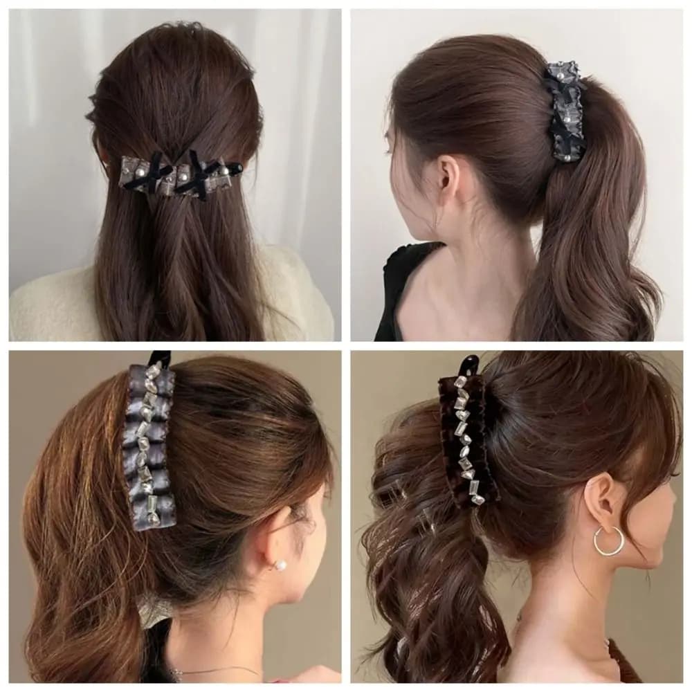 Elegante Fermaglio a Fiocco a Forma di Banana in Plastica con Strass Quadrati, Clip Verticale da Donna in Poliestere, Fermaglio per Capelli a Coda di Cavallo Pieghettata