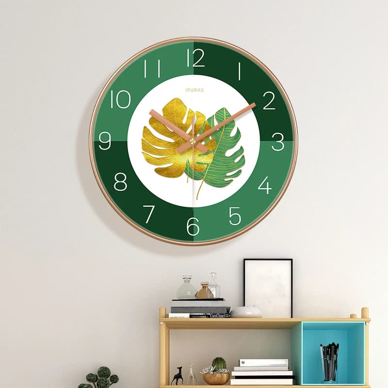 Orologio da Parete con Foglia di Monstera Verde, Design Moderno con Accenti Dorati, Silenzioso e Facile da Leggere, per Soggiorno, Camera da Letto, Arredamento Casa