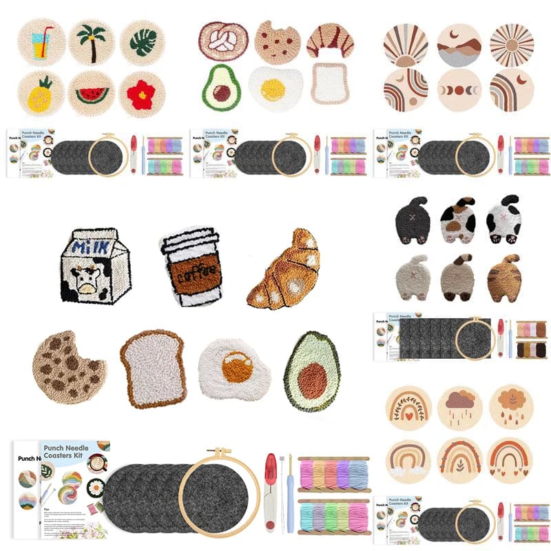 GATYZTORY Kit sottobicchiere con ago per punzonatura Kit sottobicchieri Easy Art per principianti Cuscinetti per tappeti trapuntati fai-da-te con ricamo di fili di feltro adesivi