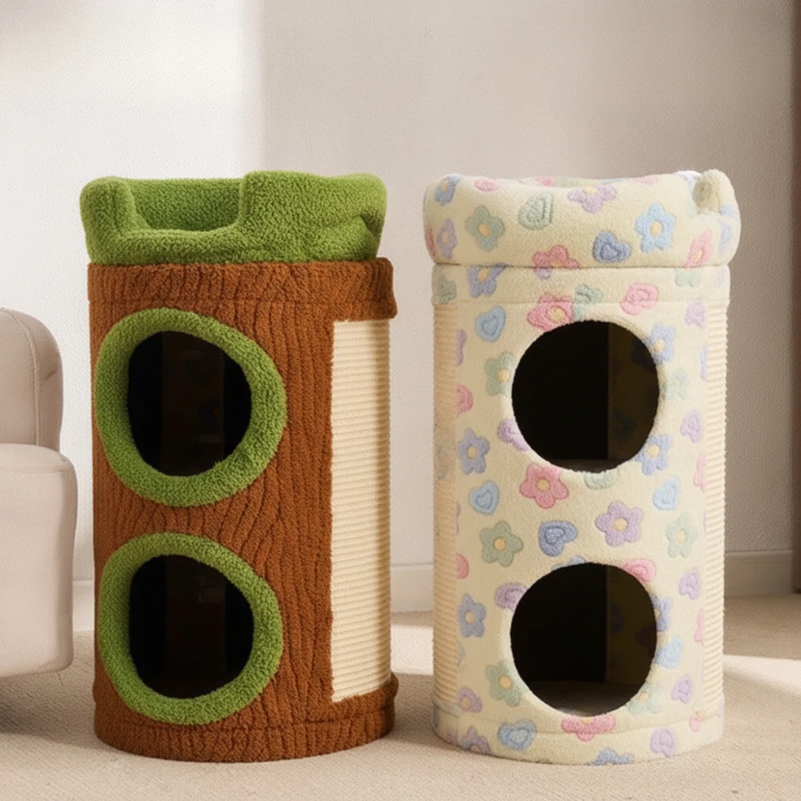 Cat Barrel Padded Cat Climbing Structure Pet Furniture Multi-Level Compact for Cats, Indoor, Living Room
