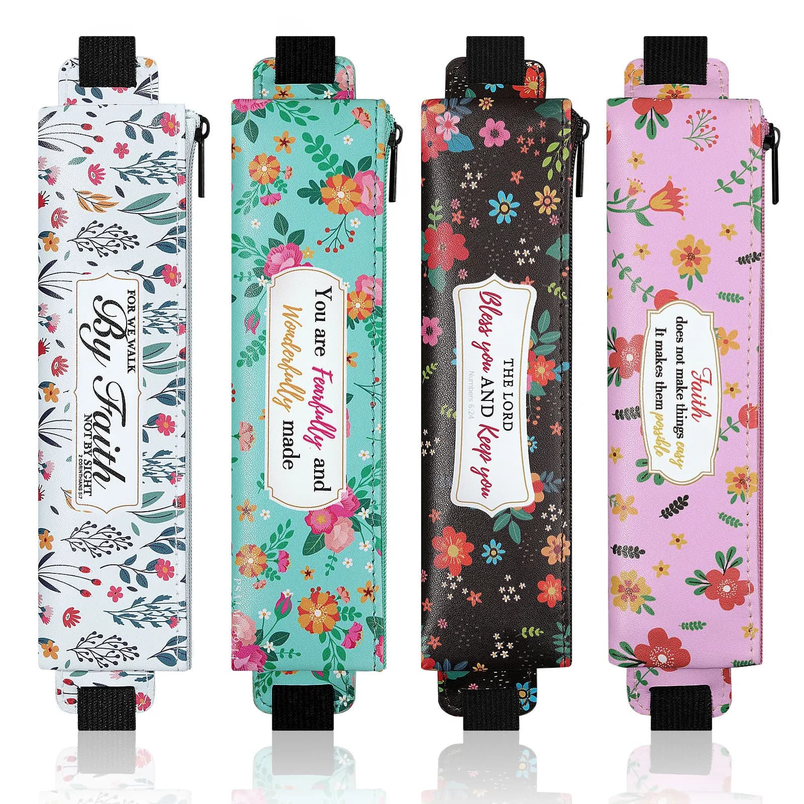 MoKo Elastic Pen Holder for Notebook 4 Pieces PU Leather Pencil Case with Adjustable Band Stationery School Supplies Zipper Bag