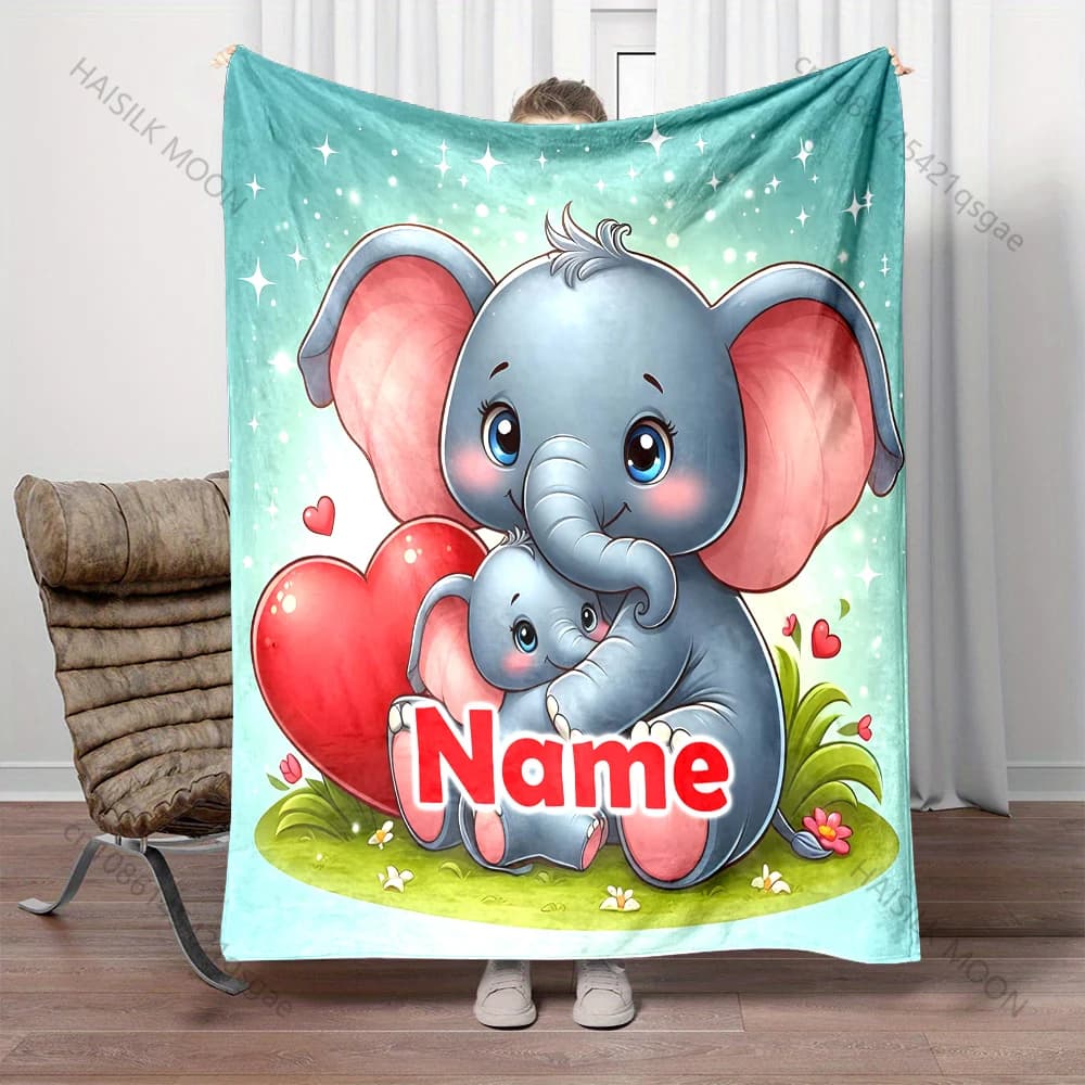 Coperta con nome personalizzato con stampa di cartoni animati per bambini, elefante e madre, calda e morbida coperta per divano letto, viaggi, campeggio, picnic, regalo per bambini