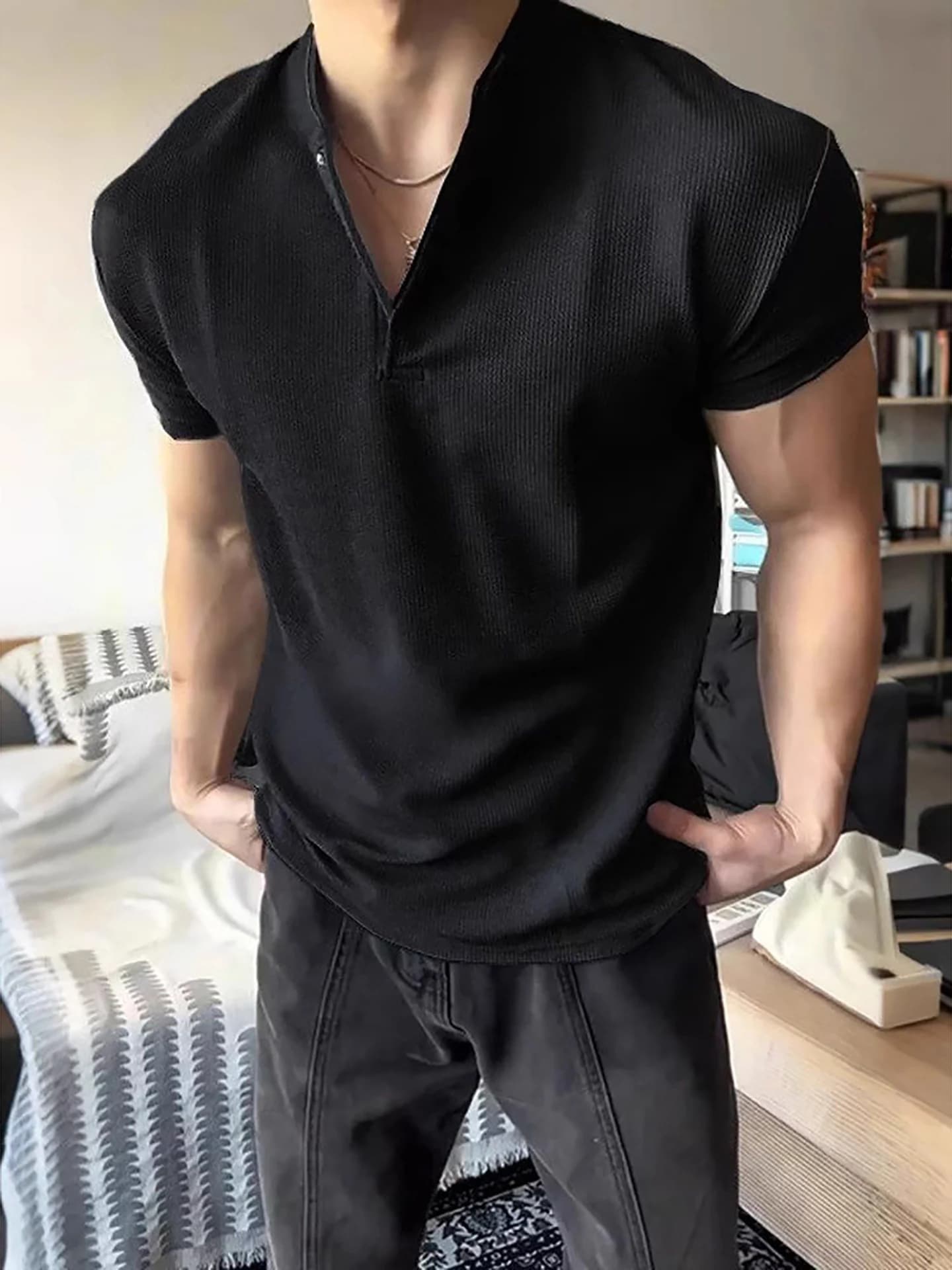 T-shirt Sportiva Estiva da Uomo Nera a Maniche Corte Stile Americano, Abbigliamento Fitness di Alta Gamma con Texture Waffle