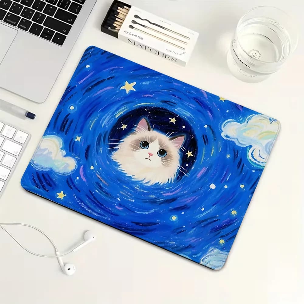 Tappetino per mouse piccolo con cartone animato Starry Sky Cat, tappetino per mouse da gioco in gomma, tappetino per tastiera meccanica, accessori per giochi per PC, tappetino per scrivania del computer