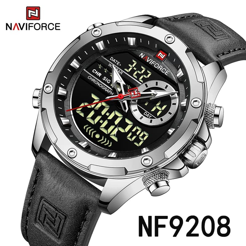 NAVIFORCE NF9208 Original Luxury Watches for Men, Casual, Sports, Chronograph, Alarm Clock, Quartz, Leather, Waterproof, Digital