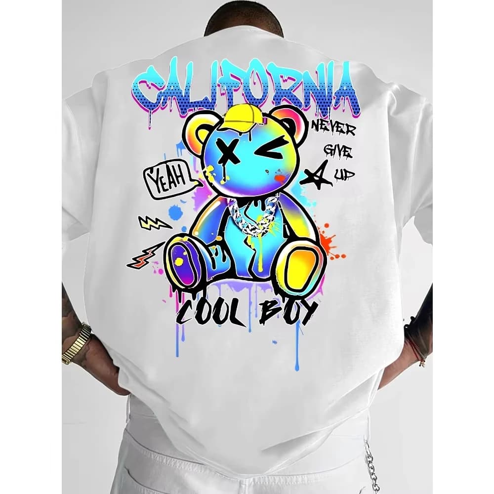 Summer New Men California Bear and Lightning Arrow Star Pattern T-shirt Pure Cotton Soft Material Versatile Trendy Women T Shirt