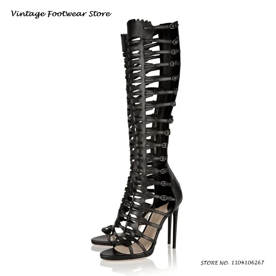 Women's Gladiator Sandals Kneeskin Summer Open Round Toe Thin Heels Women's Shoes Belt buckle Hinge trendy stiletto heels