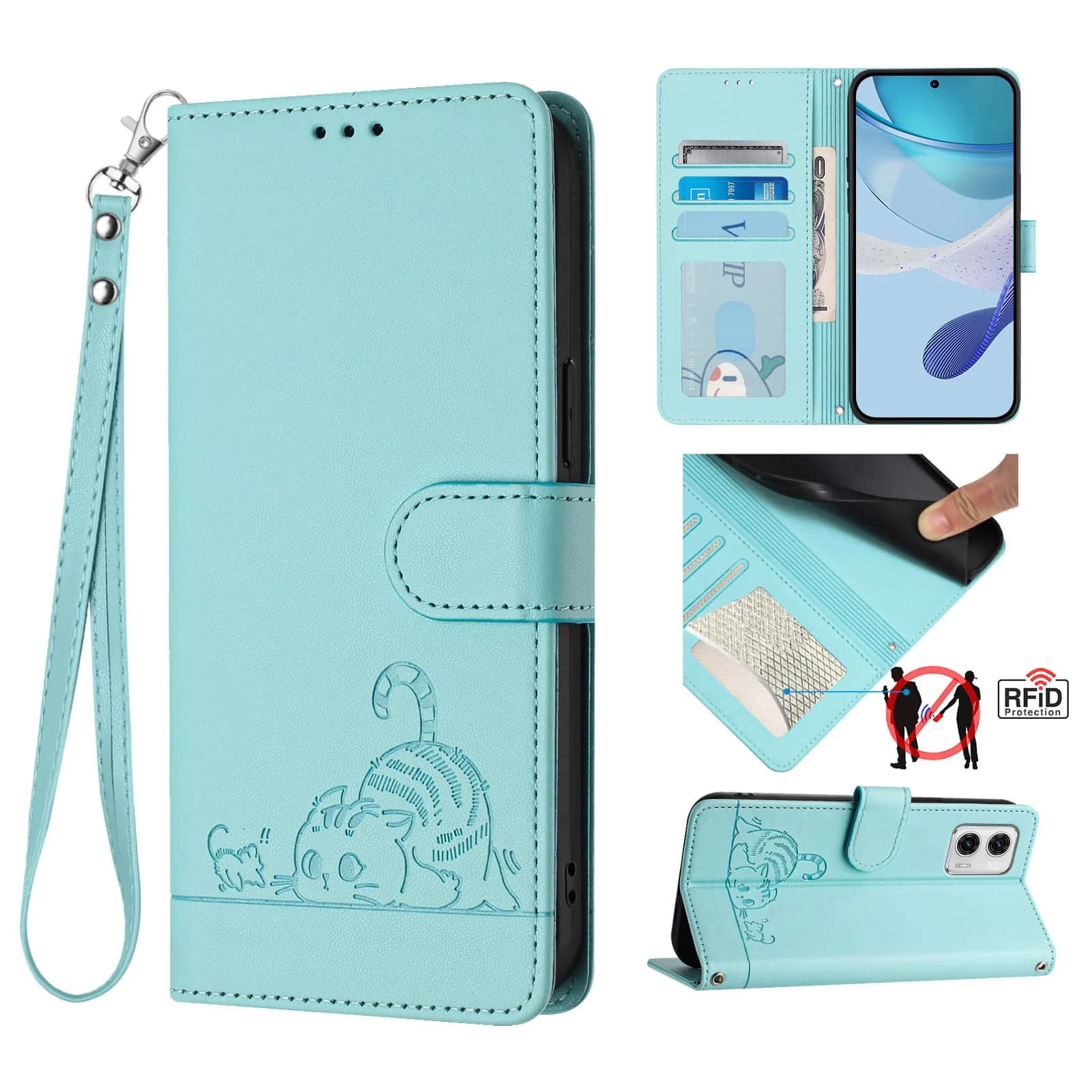 Divertente custodia a tracolla con gatto dei cartoni animati per Infinix Smart 10 Plus 9 HD 8 Plus 7, in pelle, con laccetto, 3 slot per carte, portafoglio da polso, cover a libro.