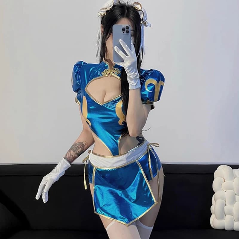 Giochi Blu Chun Li Costumi Cosplay Donna Sexy Split Cheongsam Abiti Tuta Copricapo Vestito Halloween Carnevale Festa Abbigliamento