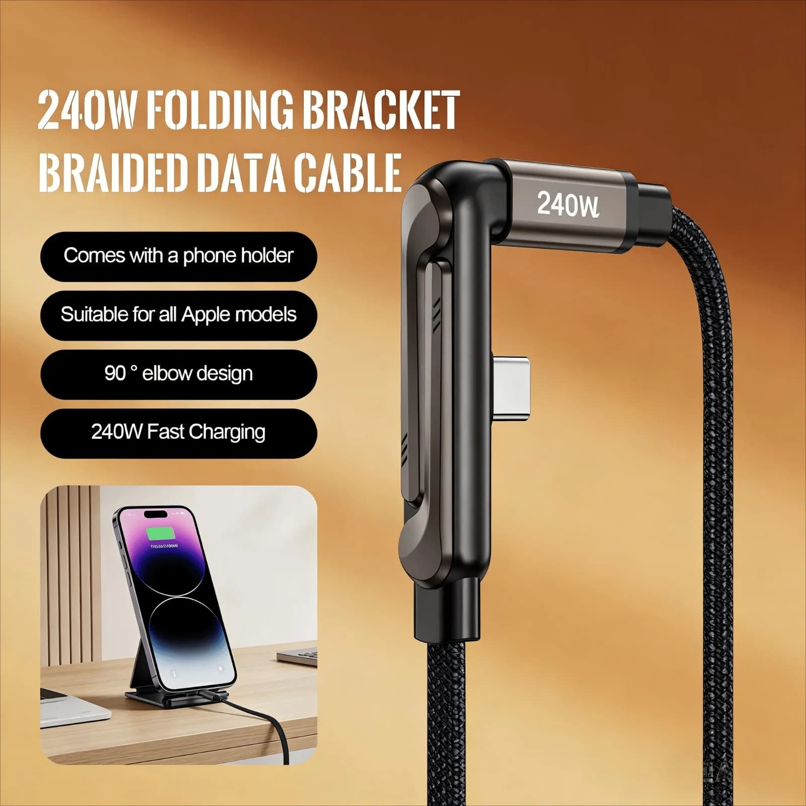 Supporto per telefono pieghevole con testa curva, anti-groviglio, altamente attraente, con cavo dati, ricarica rapida 240W, cavo di ricarica da tavolo completamente compatibile, regalo per la festa della donna, compleanno, celebrazioni