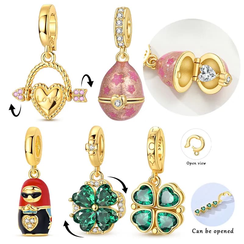 Love Arrow Egg Matryoshka Clover Charms Original Silver Plated Beads Fit Bracelets Bag Keychain Charms Diy Women Gift Accessory