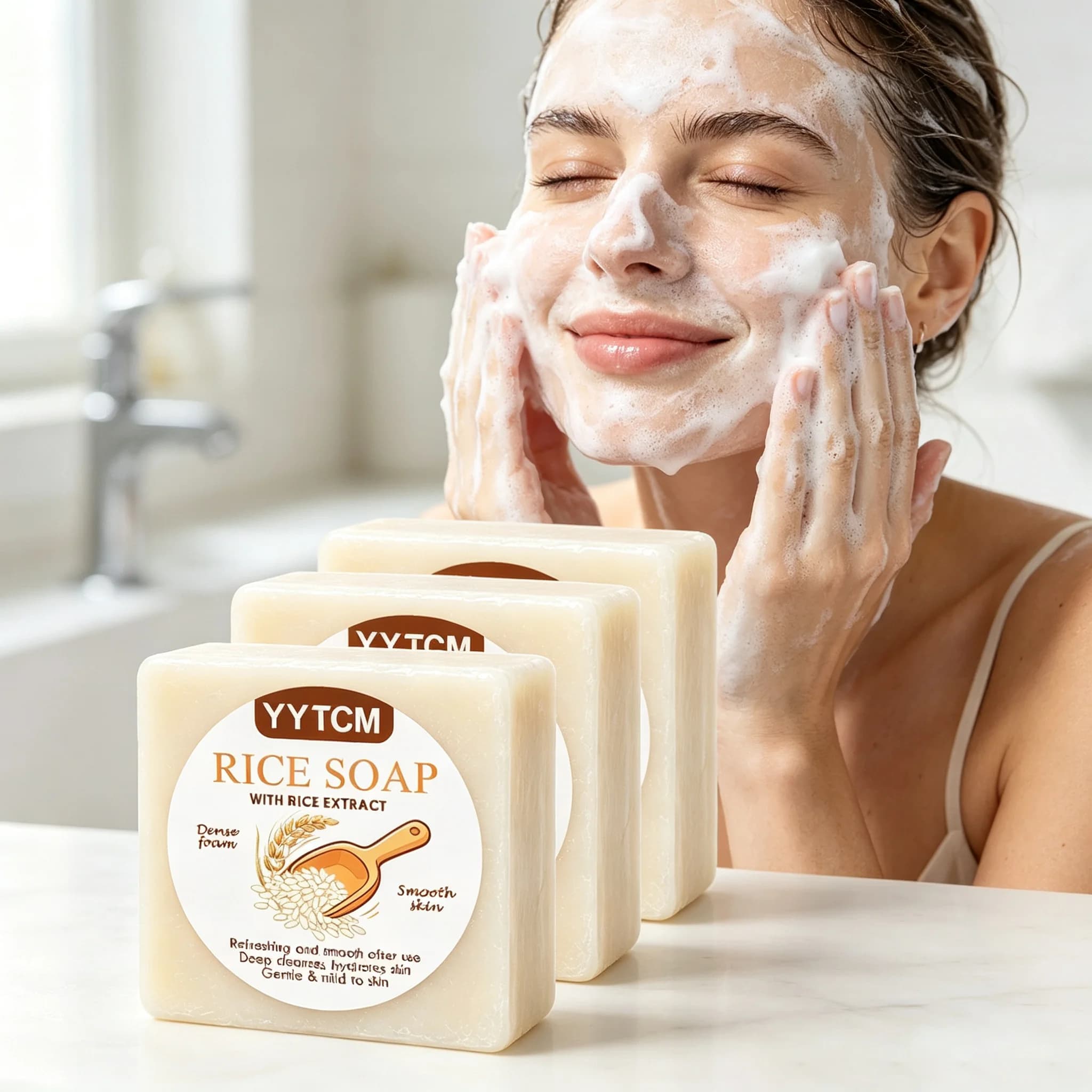 Yytcm Rice Essence Soap Mild Moisturizing Cleansing Soap Full Body Cleansing Rice Extract Nourishing Handmade Soap Delicate Foam