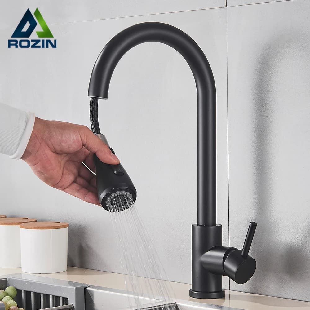 Rozin Rubinetto da cucina nero Foro singolo Beccuccio estraibile Lavello da cucina Miscelatore Testa spruzzatore a flusso Rubinetto miscelatore cromato/nero