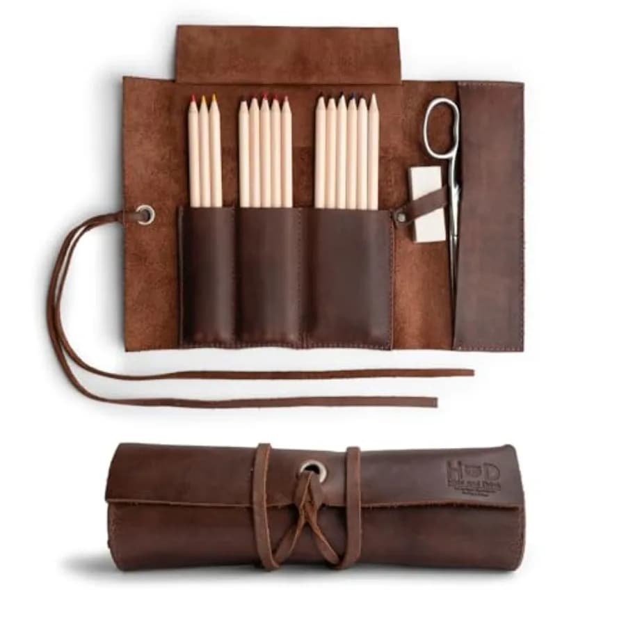 Astuccio Arrotolabile in Pelle Rustica, Portaoggetti Multiuso per Forbici, Auricolari, Organizzatore per Artigianato, Lavoro, Fai da Te