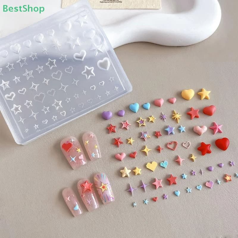 ♥ ♥ ♥ Stampo per nail art in silicone 3D (pentagramma, cuore, stelle) Design a rilievo Decorazione per unghie fai da te, modello per manicure trasparente