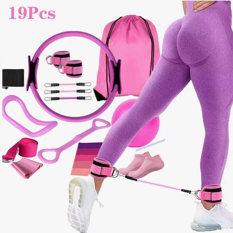Yoga Pilates Circle Set of 19 Pieces Fitness Ankle Strap Trainer Elastic Belt Color Dissolving Set Elastic Pilates Fascia for Home Exercises
