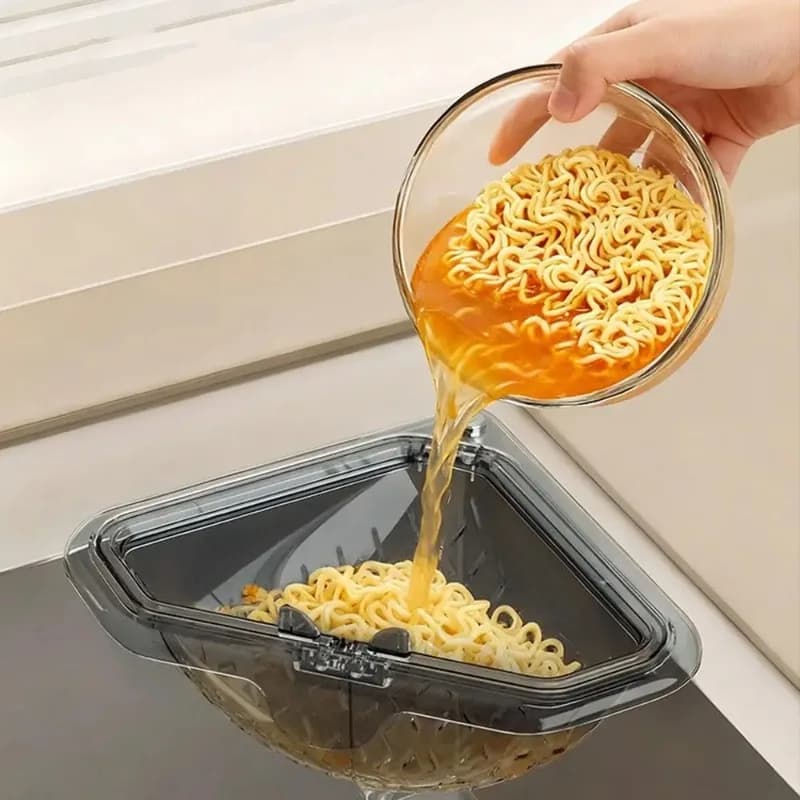 Cestello Triangolare per Lavello con Aspirazione, Filtro per Rifiuti Alimentari, Organizzatore per Cucina