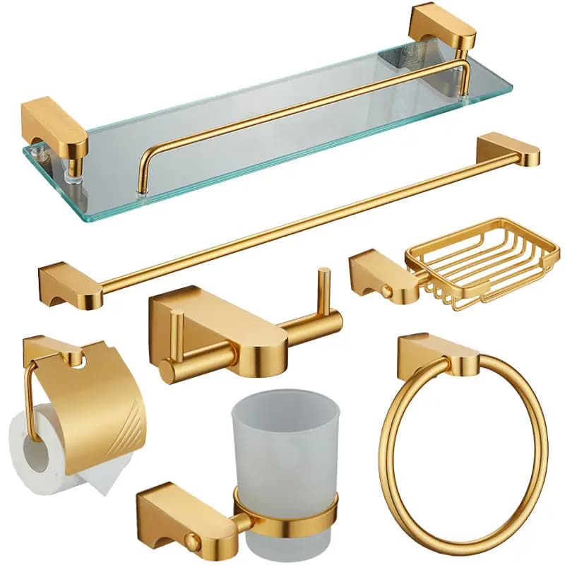 Il set di accessori da bagno in oro spazzolato include portasciugamani e porta carta igienica per hotel