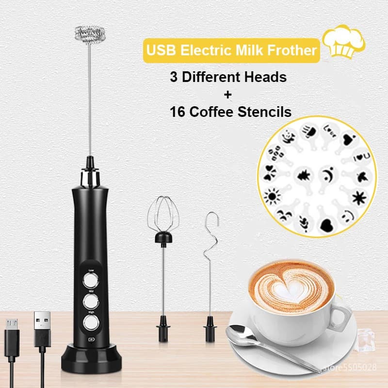 Portable electric machine mixer coffee USB foam milk Maker Capuchin Foamer frullino for eggs 3 speed blender 16 Stencil