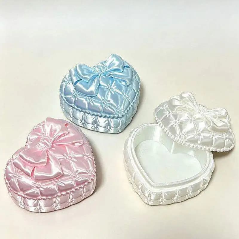 Silk Bowknot Decor Heart Shaped Jewelry Box Multi Use Trinket Storage Organizer for Rings Pins Earrings Small Accessories