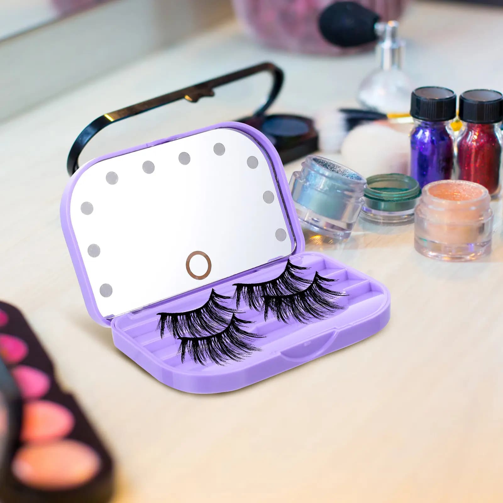 LED fake eyelash box with tilt cover, compact case with mirror, portable eyelash organizer, travel box for eyelash preservation