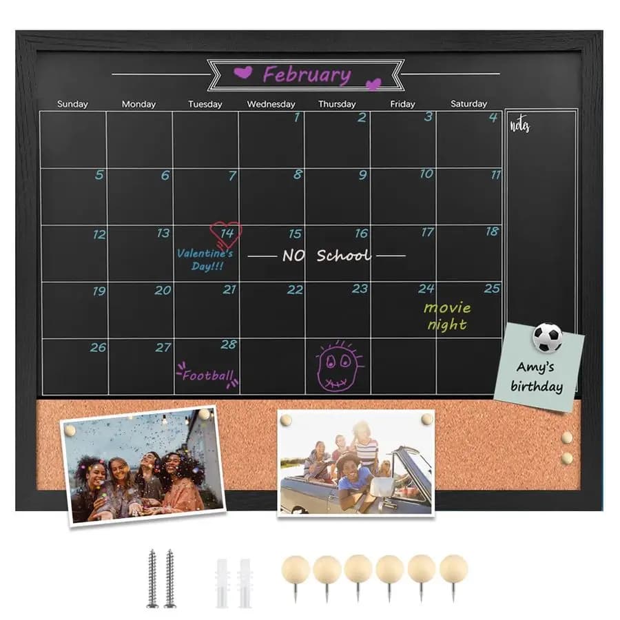 Calendario Magnetico con Lavagna e Bacheca in Sughero, 18 x 22, Combinazione Lavagna e Bacheca, Calendario con Cornice in Legno Nero