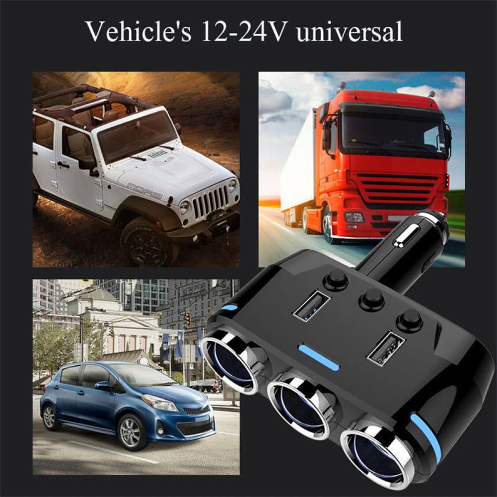 Caricatore per Auto con Accendisigari, Doppia Porta USB, Splitter a 3 Vie, Adattatore di Alimentazione DC 12-24V, Caricatore Veicolare 100W
