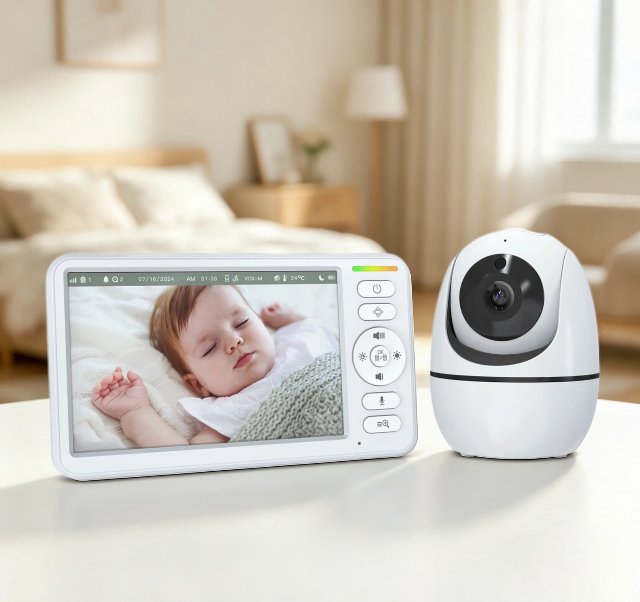 Monitor per Bambini da 5 Pollici con Telecamera PTZ, Zoom, Sensore di Temperatura, Ninna Nanna, Visione Notturna, Audio Bidirezionale, Telecamera di Sicurezza Intelligente per Bambini