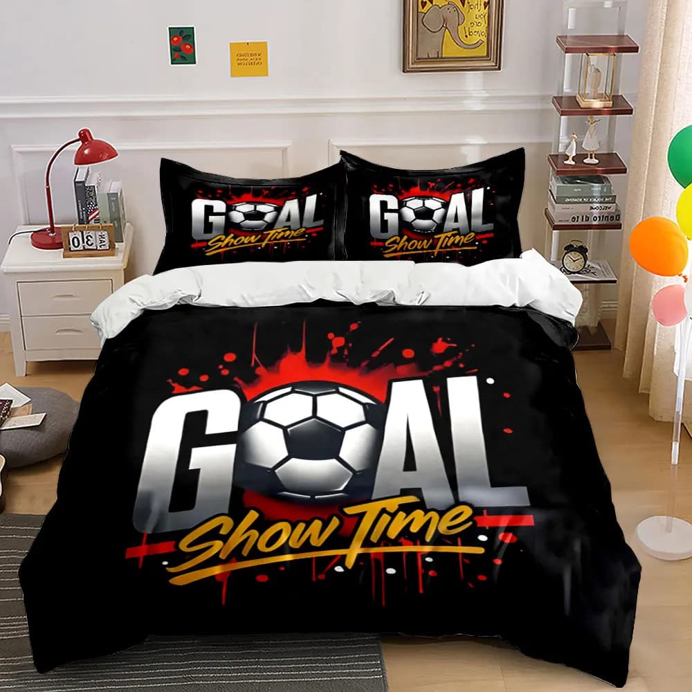 GOAL Show Time Soccer Graffiti Bedding Set,Red Splash Football Streetwear Print Boys Bed Linen(1 Duvet Cover 2 Pillowcase),Gift