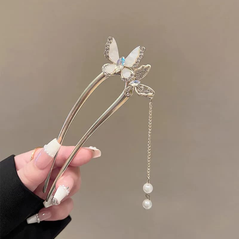 Fermaglio per capelli a forma di U per donna, accessorio per capelli di lusso leggero con perle, nappe e farfalle, decorazione per capelli con glitter per ragazze