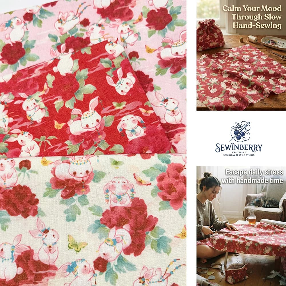 Chinese Vintage Cute Jade Rabbit Peony Butterfly Print Cotton Fabric Stress Relief DIY Sewing Material Ethnic Handmade Craft
