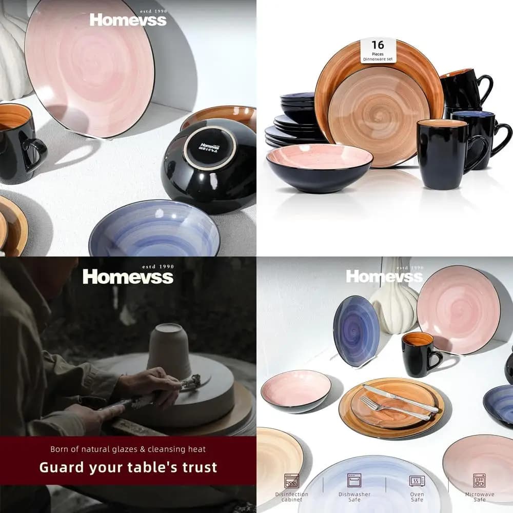 Set di Stoviglie in Gres da 16 Pezzi: Esterno Nero con Interni Dipinti a Mano in Mocha, Rosa, Spezie e Design Maculato