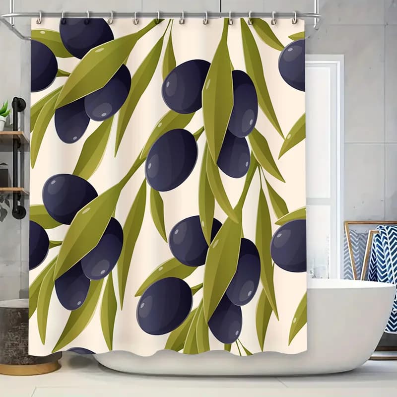 Tenda da doccia con ramo di ulivo, set di tappetini da bagno decorativi con motivo verde nero per la decorazione del bagno di casa, tessuto da stampa impermeabile