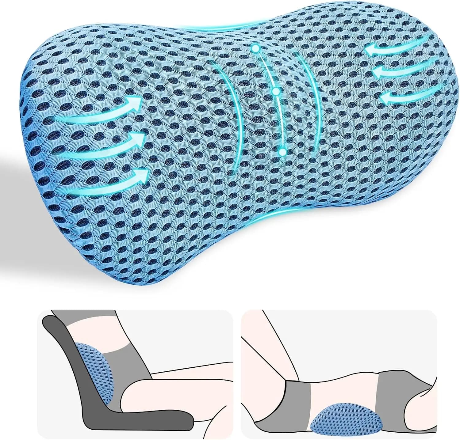 Cuscino ergonomico di supporto lombare per alleviare il dolore alla schiena - Blu, adatto per seggiolino auto, sedia da ufficio, poltrona reclinabile e letto
