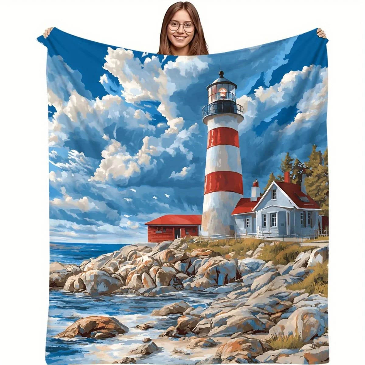 Coperta in flanella Coastal Lighthouse - Coperta per divano letto TV per tutte le stagioni, a righe rosse e bianche, Ocean Sky