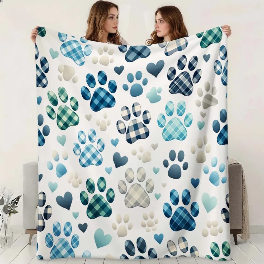 1pc Blue Plaid Paw Print Heart Soft Fleece Throw Blanket for Pet Lovers Cozy Warm Decorative Blanket for Couch Bed Sofa