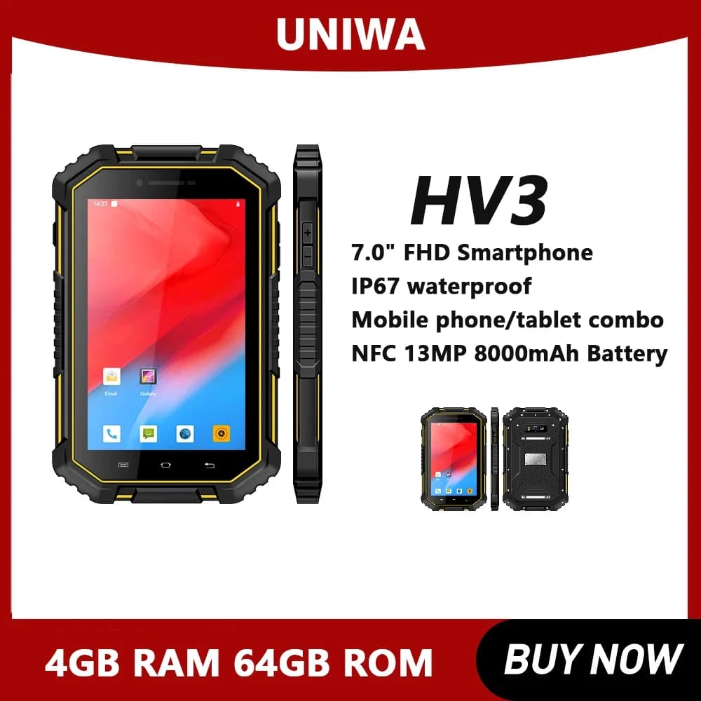 Tablet robusto UNIWA HV3 4GB RAM 64GB ROM NFC Telefono cellulare IP67 7.0 pollici FHD Android 9.0 13MP 8000mAh Batteria cellulare