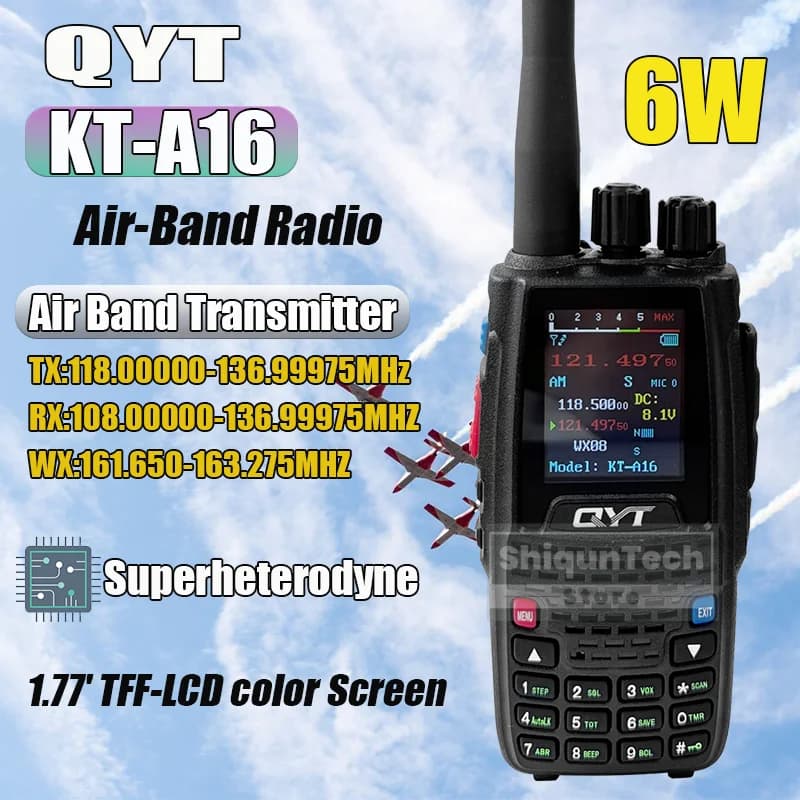 QYT KT-A16 Trasmettitore Air Band Radio VHF 108-136MHz Aviazione Radio portatile Circuito supereterodina 6W 200CH NOAA Walkie Talkie