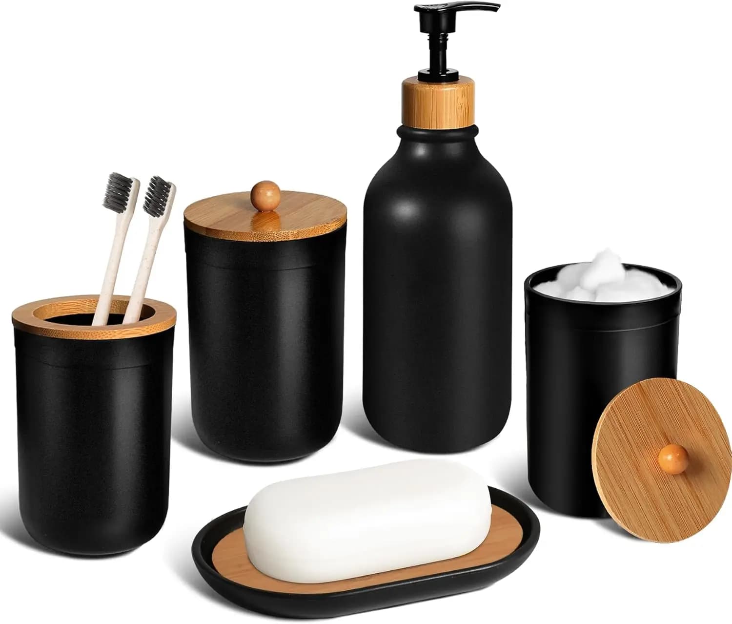 Set di Accessori Bagno Nero Opaco: 5 Pezzi in Plastica - Dispenser Sapone, Porta Spazzolini, Portasapone, Contenitore per Bastoncini di Cotone - Stile Boho
