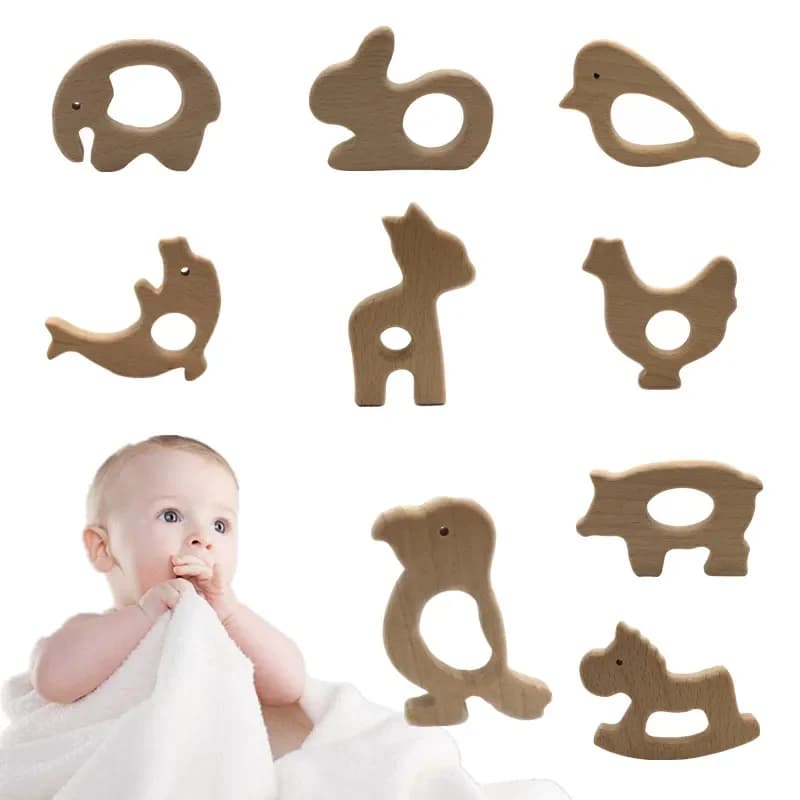 Massaggiagengive in legno animale cartone animato per neonato ciondolo in legno naturale perline per dentizione giocattoli per bambini accessori forma di sicurezza